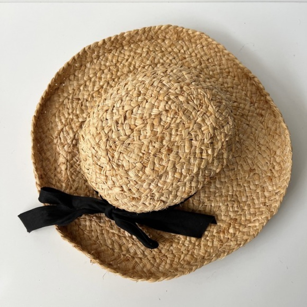 Straw 100% Rafia Straw‎ Summer Woven Hat Black Bow Accent - Picture 5 of 8